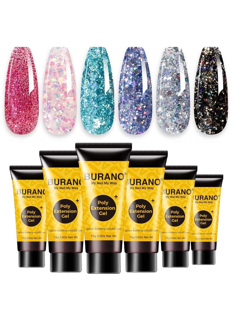 BURANO Poly Extension Gel Nail Kit, 6 Colors Nail Poly Nails Builder Gel Set for Beginner & Professional Using, Poly Nail Gel Kits DIY Starter Kit Nail Art Gift (glitter)