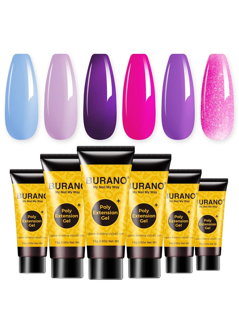 BURANO Poly Extension Gel Nail Kit, 6 Colors Nail Poly Nails Builder Gel Set for Beginner & Professional Using, Poly Nail Gel Kits DIY Starter Kit Nail Art Gift (purple)