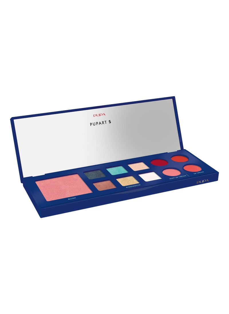 Pupa Milano Pupart S Makeup Palette, 004 Blue, 0.4 oz - Versatile Makeup Kit - Blush for Cheeks - Eyeshadow - Lip Gloss - Lip Cream - Face Makeup