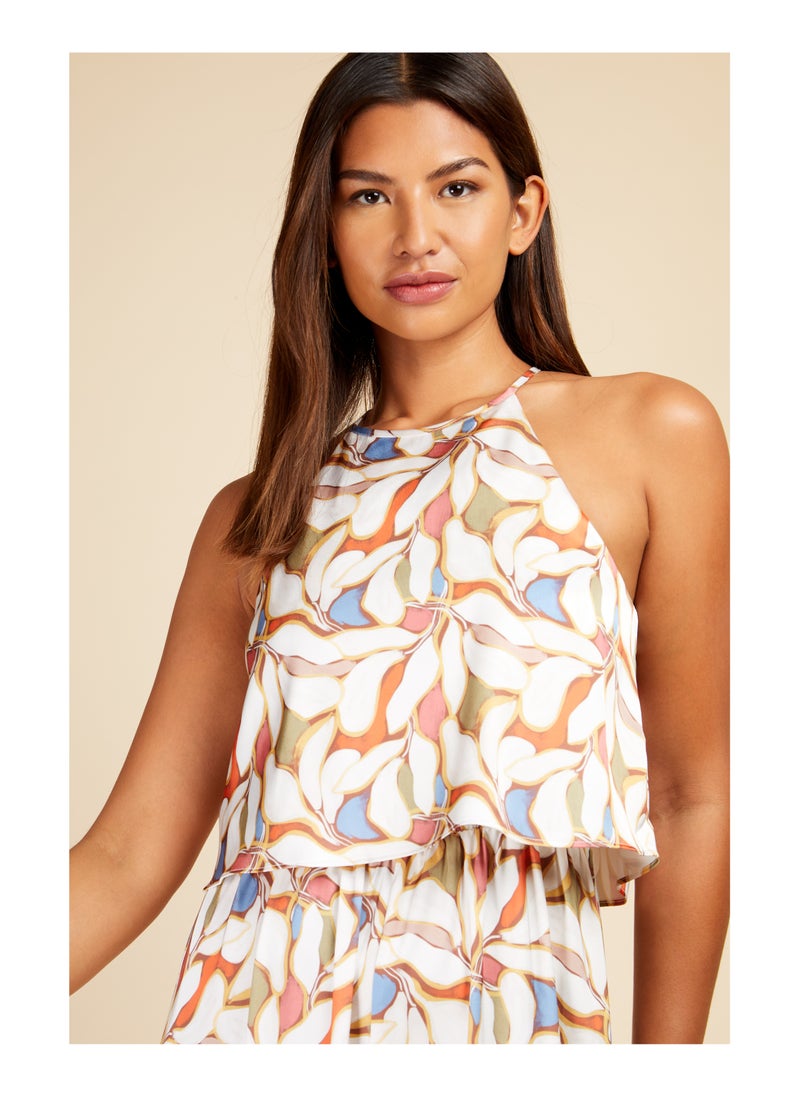 Leaf Print Overlay Jumpsuit