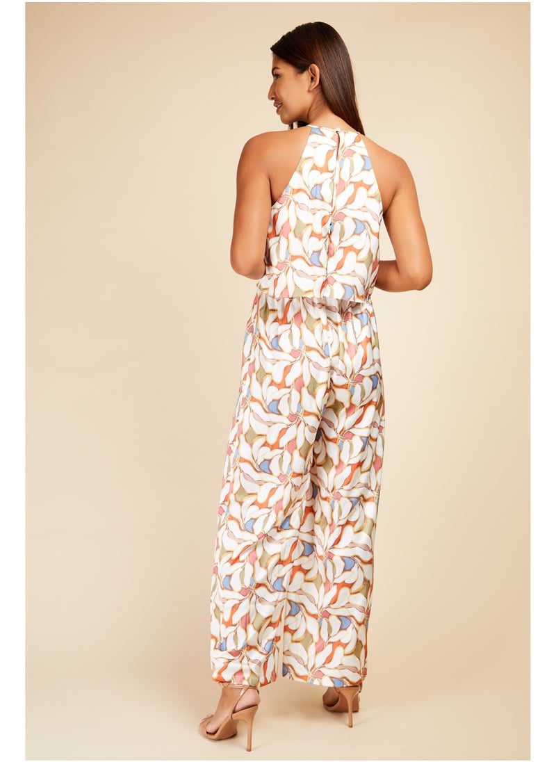 Leaf Print Overlay Jumpsuit