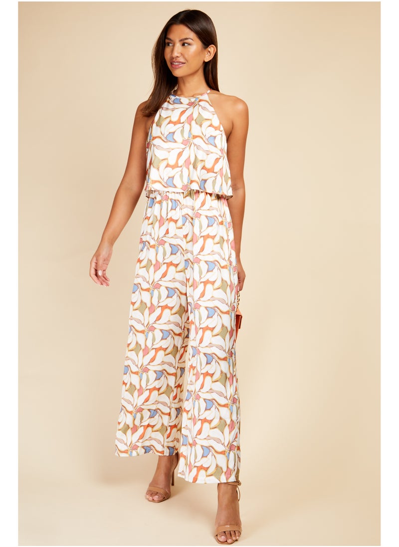 Leaf Print Overlay Jumpsuit