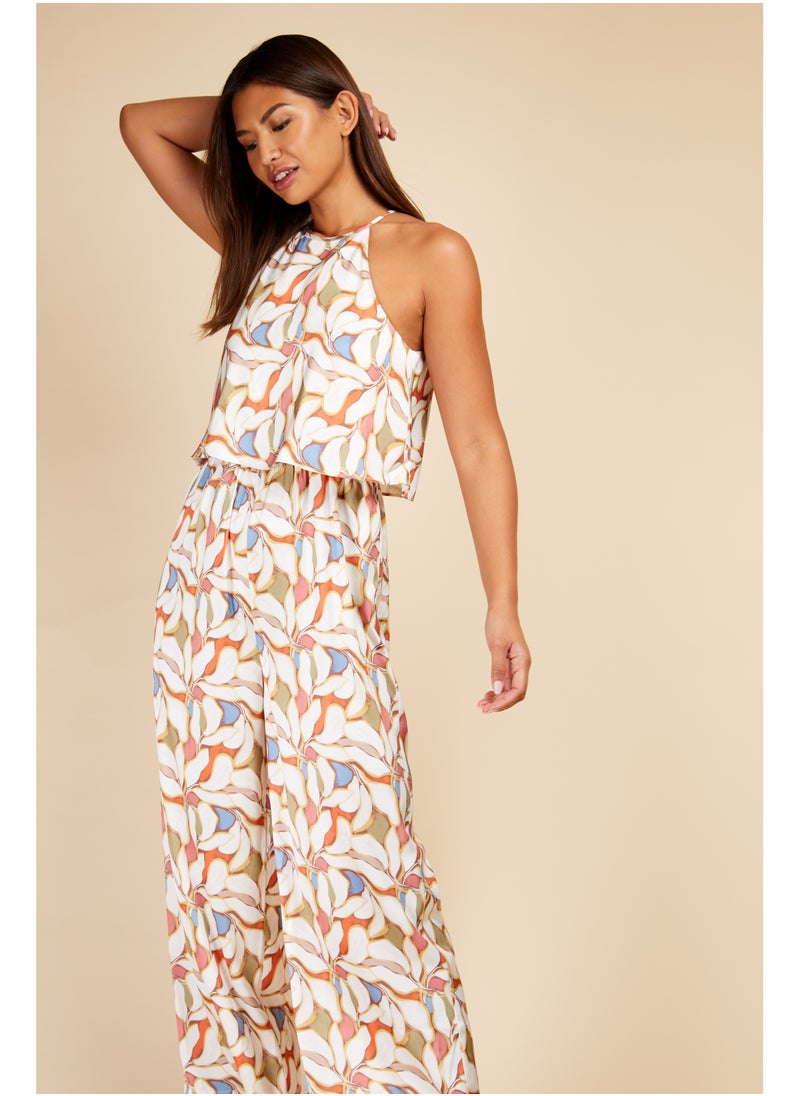 Leaf Print Overlay Jumpsuit