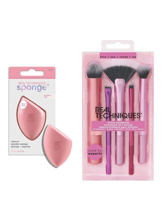 Miracle Powder Sponge, For Setting Powder, Matte and Sheer Long Lasting Makeup Coverage with Artist Essential Makeup Brush Set, Includes Eye Liner Brush and Foundation Multicolour