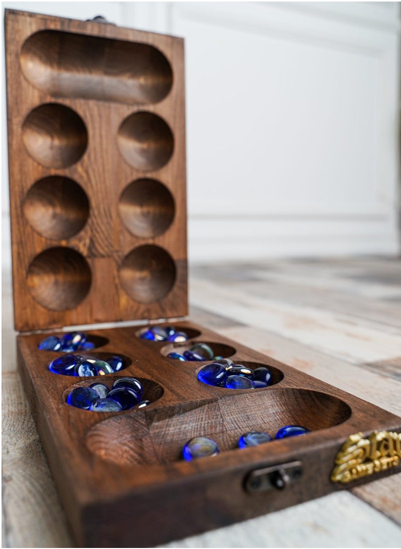 Wooden Mangala Game – Traditional Mancala Strategy Board with Intricate Star Design, 17x28.5cm Box, Classic Logic Game for All Ages