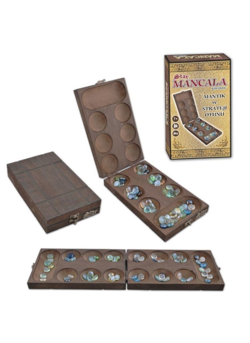 Wooden Mangala Game – Traditional Mancala Strategy Board with Intricate Star Design, 17x28.5cm Box, Classic Logic Game for All Ages
