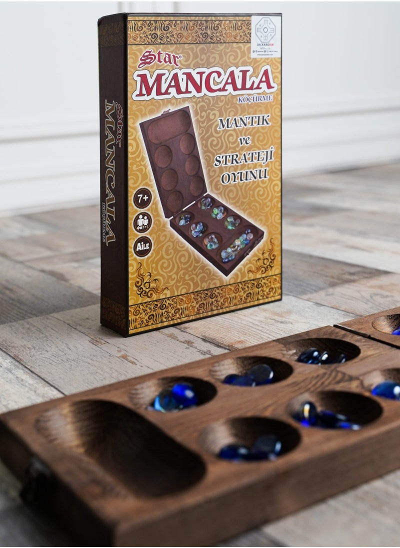 Wooden Mangala Game – Traditional Mancala Strategy Board with Intricate Star Design, 17x28.5cm Box, Classic Logic Game for All Ages