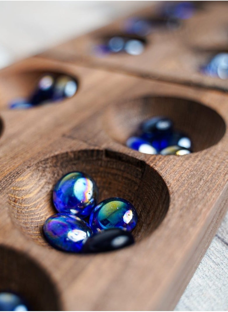 Wooden Mangala Game – Traditional Mancala Strategy Board with Intricate Star Design, 17x28.5cm Box, Classic Logic Game for All Ages