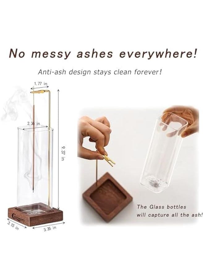 Incense Holder，2 Pack Wood Incense Holder for Sticks with Glass Ash Catcher，Incense Burner for Meditation Yoga Spa Room Decor