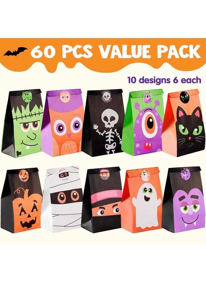 JOYIN 60 PCS Halloween Characters Paper Treat Bags, Trick or Treat Goodie Bags, Candy Bags with Stickers for Halloween Party Favor Supplies