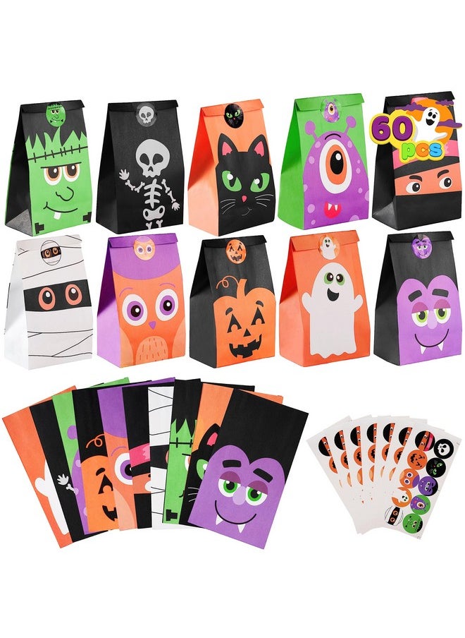 JOYIN 60 PCS Halloween Characters Paper Treat Bags, Trick or Treat Goodie Bags, Candy Bags with Stickers for Halloween Party Favor Supplies