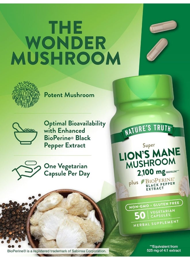 Lion's Mane Mushroom Supplement | 2100mg | 50 Capsules | Vegetarian, Non GMO & Gluten Free Extract | by Nature's Truth