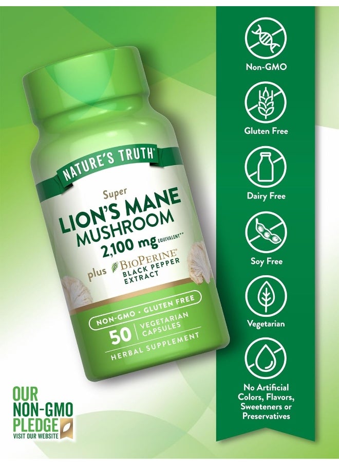 Lion's Mane Mushroom Supplement | 2100mg | 50 Capsules | Vegetarian, Non GMO & Gluten Free Extract | by Nature's Truth