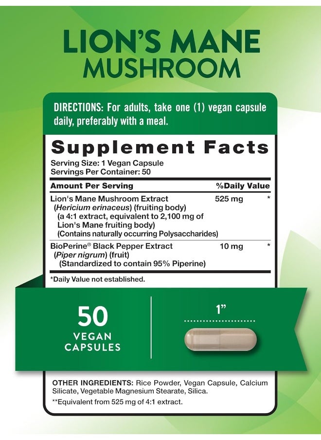 Lion's Mane Mushroom Supplement | 2100mg | 50 Capsules | Vegetarian, Non GMO & Gluten Free Extract | by Nature's Truth