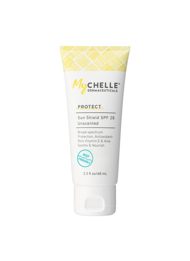 MyCHELLE Dermaceuticals Sun Shield SPF 28 Unscented (2.3 Fl Oz) - Soothing Reef Safe Sunscreen with Vitamin E and Aloe - TSA Approved. Liquid Zinc Sunscreen for Face and Body