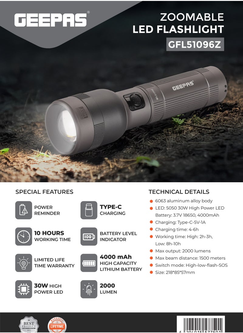 Zoomable LED Flashlight 30W | Perfect for Indoor and Outdoor Use, 10 Hours Continuous Working | Battery Level Indicator and Power Reminder, Lithium Battery, 2000 Lumens | GFL51096Z