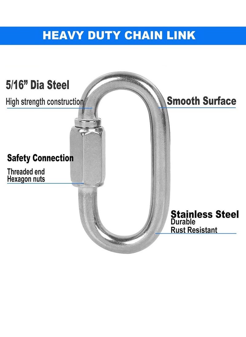 Quick Link,304 Stainless Steel Oval Locking Carabiner,M4 Heavy Duty Threaded Quick Chain Link for Tire, Swing, Gym, Camping, Hammock, Rope Connector and Trailer,Max Weight Capacity 227KG,6 Pack