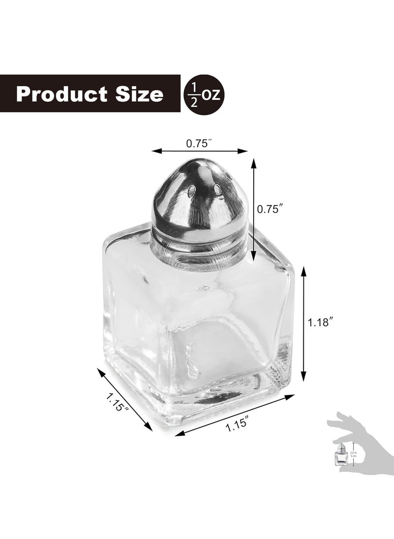 Castor Salt and Pepper Shakers 24 packs Pocket Condiment Bottle Individual Seasonings Shakers Salt Container Holder Seasoning Holders Glass Pepper Jar Spice Jars Silver lids.