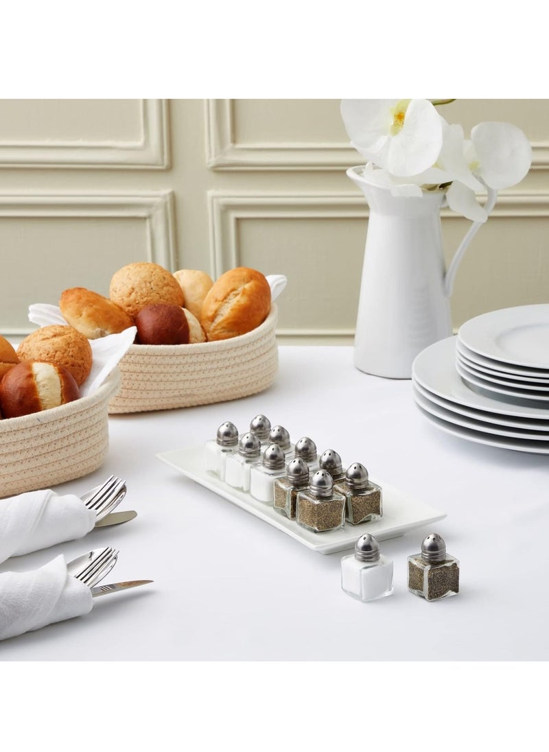 Castor Salt and Pepper Shakers 24 packs Pocket Condiment Bottle Individual Seasonings Shakers Salt Container Holder Seasoning Holders Glass Pepper Jar Spice Jars Silver lids.