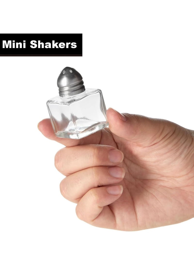 Castor Salt and Pepper Shakers 24 packs Pocket Condiment Bottle Individual Seasonings Shakers Salt Container Holder Seasoning Holders Glass Pepper Jar Spice Jars Silver lids.