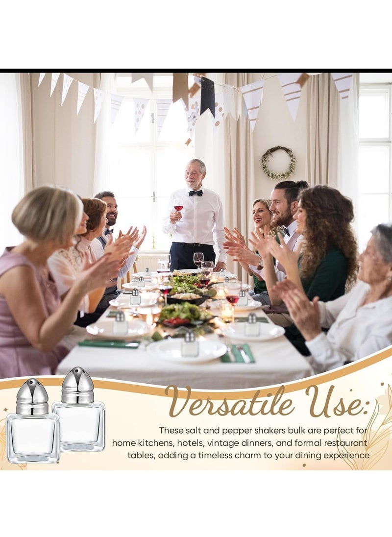 Castor Salt and Pepper Shakers 24 packs Pocket Condiment Bottle Individual Seasonings Shakers Salt Container Holder Seasoning Holders Glass Pepper Jar Spice Jars Silver lids.