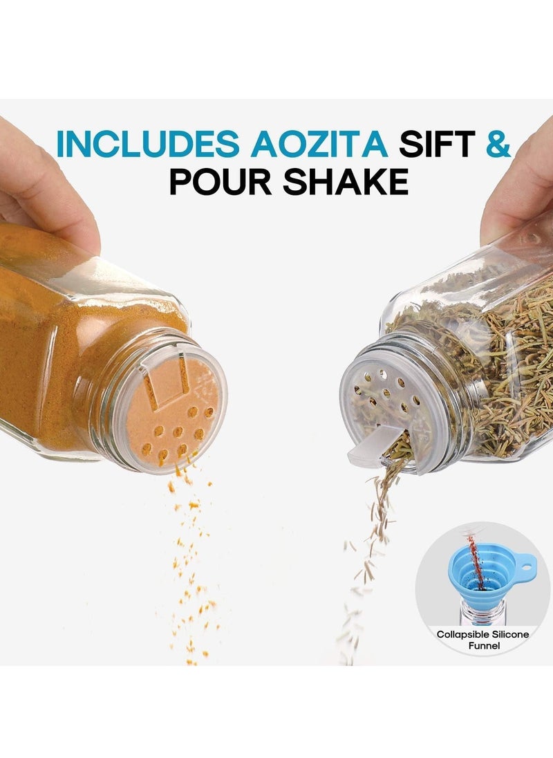Spice Jars with Labels for Kitchen Organizing Drawers 120 ml Glass Jars With Cleaning Brush and Collapsible Funnel Food Storage jars 24 Pcs with Transparent Jars and Black Lids.