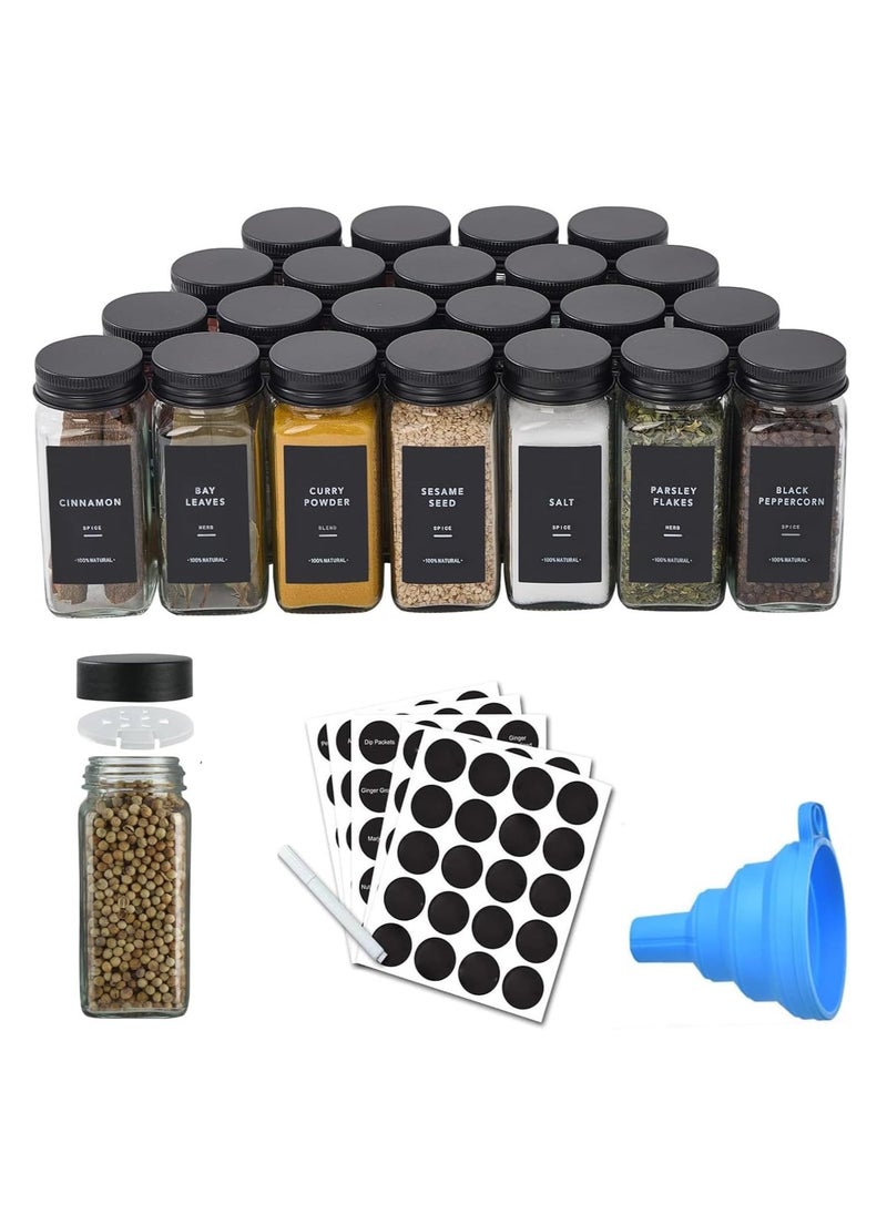 Spice Jars with Labels for Kitchen Organizing Drawers 120 ml Glass Jars With Cleaning Brush and Collapsible Funnel Food Storage jars 24 Pcs with Transparent Jars and Black Lids.