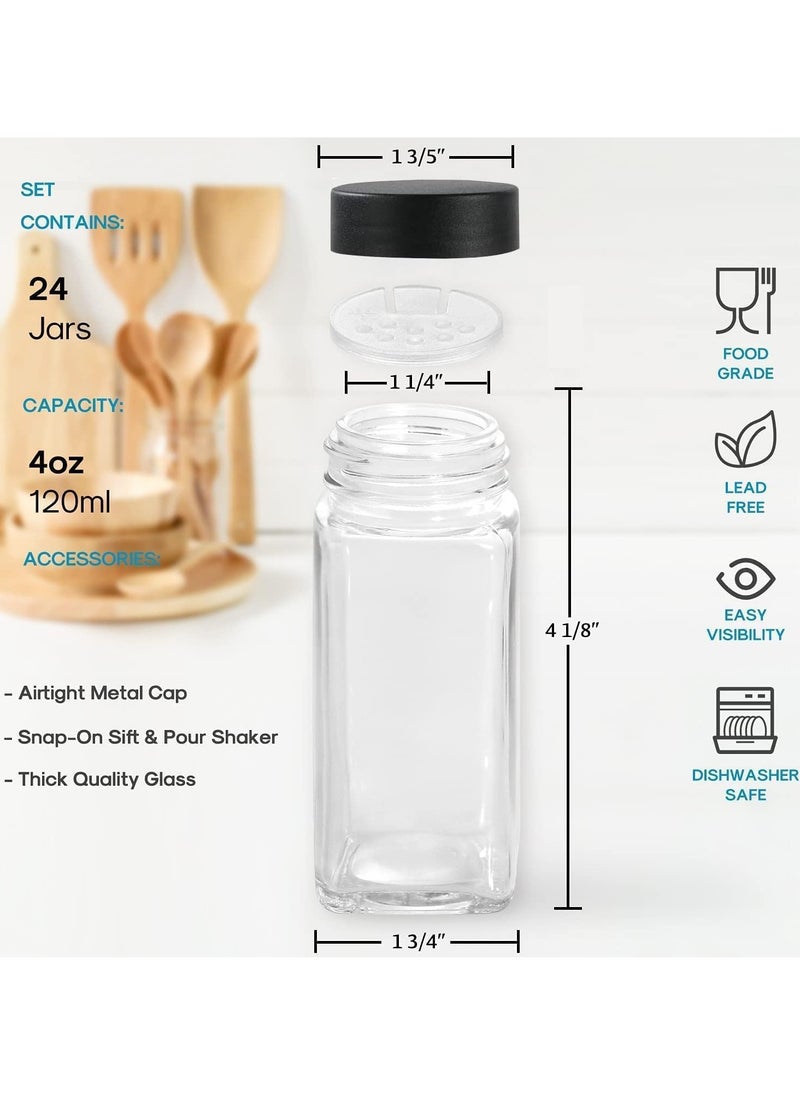 Spice Jars with Labels for Kitchen Organizing Drawers 120 ml Glass Jars With Cleaning Brush and Collapsible Funnel Food Storage jars 24 Pcs with Transparent Jars and Black Lids.