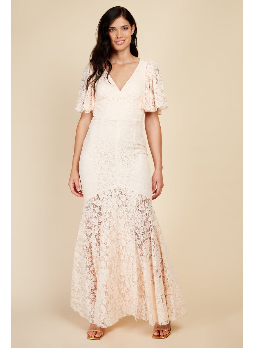 Surplice Lace Trim Ruffle Hem Dress