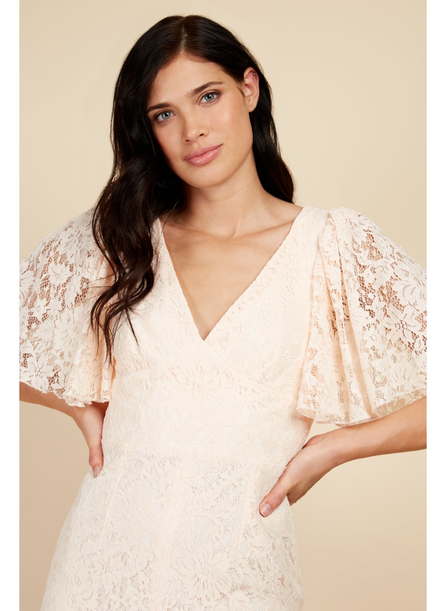 Surplice Lace Trim Ruffle Hem Dress