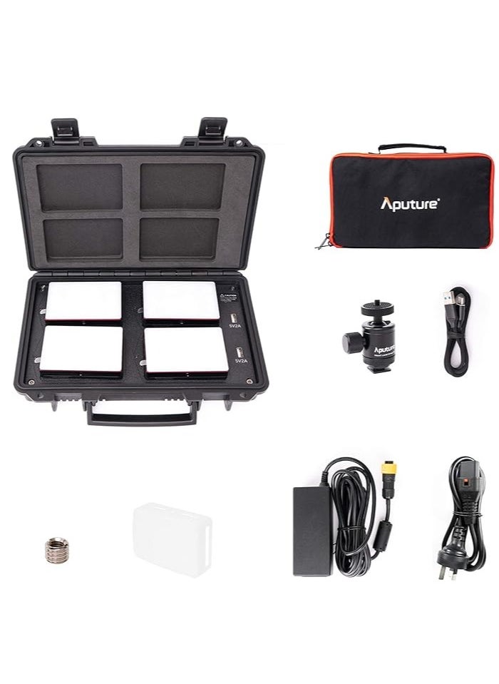 Aputure MC 4-Light Travel Kit, 4 LED MC RGBWW Lights with CRI/TLCI 96+ Wireless Charging Case, Temperature 3200K-6500K, HSI Mode, Magnetic Attraction Mount