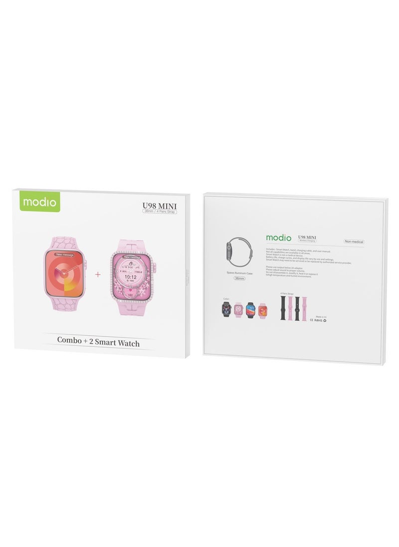Modio U98 MINI 36mm 2 Smartwatch Combo With 4 Pair Straps and Wireless Charger For Ladies and Girls Black