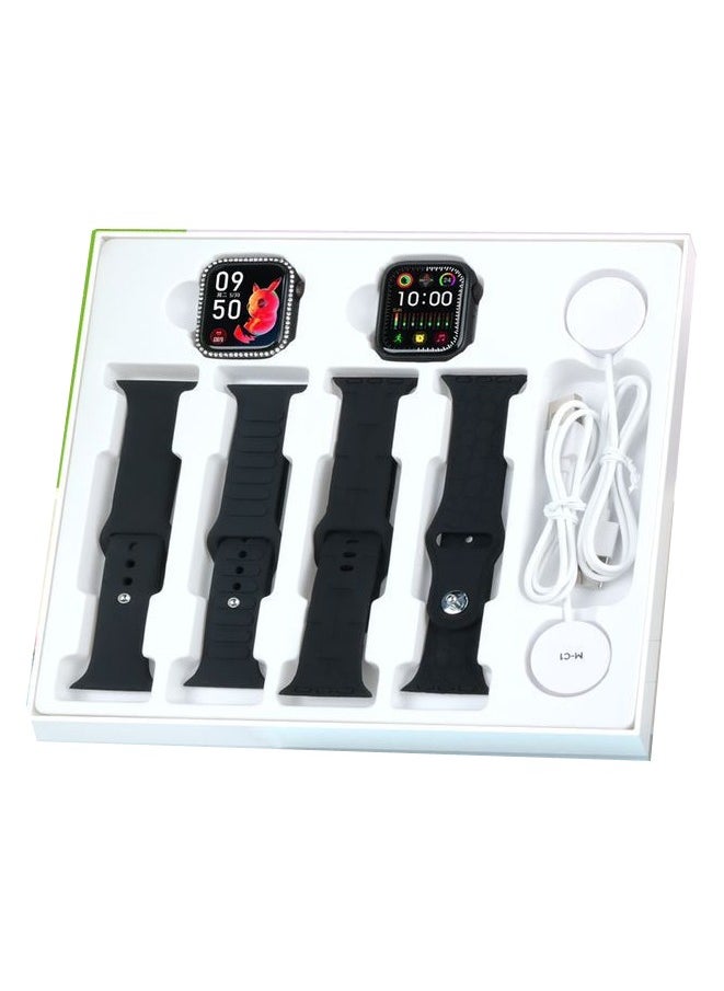 Modio U98 MINI 36mm 2 Smartwatch Combo With 4 Pair Straps and Wireless Charger For Ladies and Girls Black