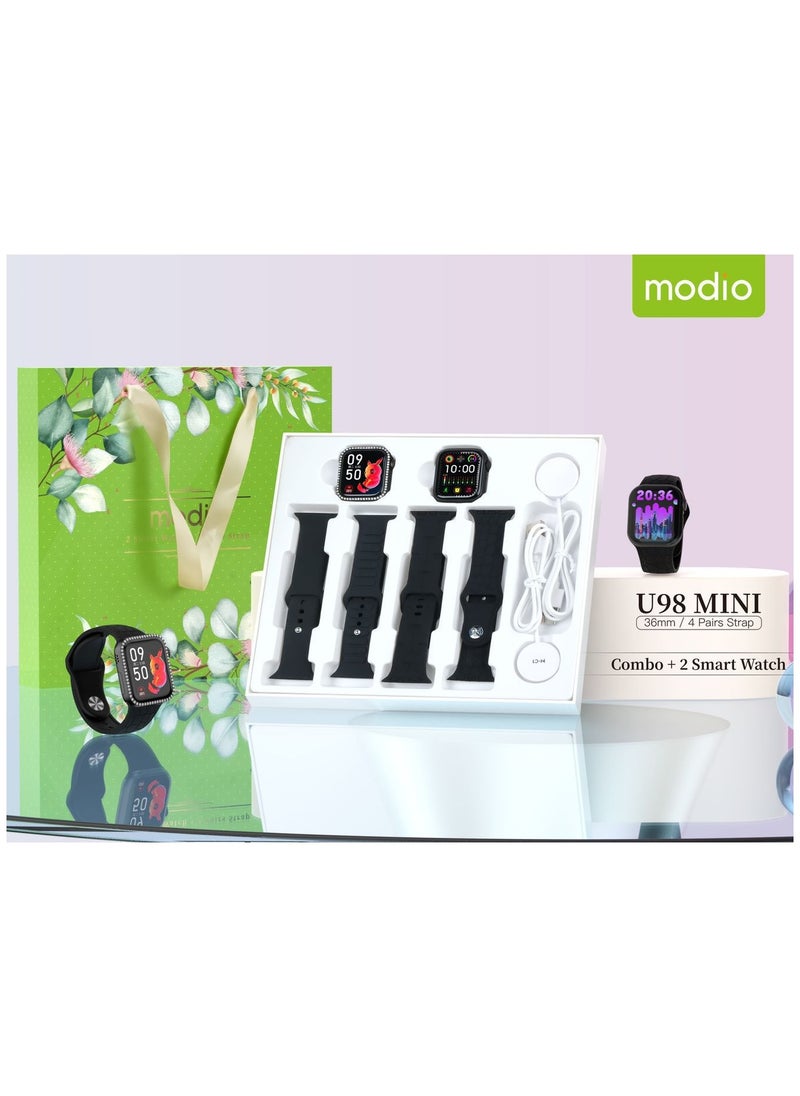 Modio U98 MINI 36mm 2 Smartwatch Combo With 4 Pair Straps and Wireless Charger For Ladies and Girls Black