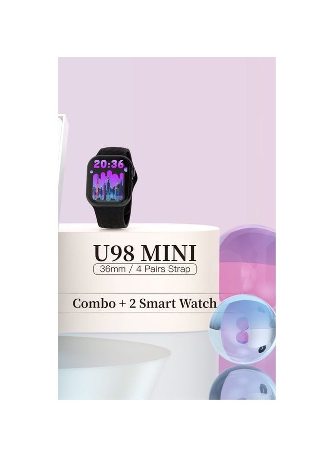 Modio U98 MINI 36mm 2 Smartwatch Combo With 4 Pair Straps and Wireless Charger For Ladies and Girls Black