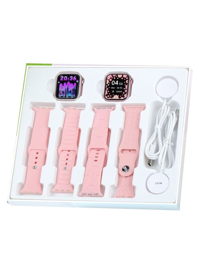Modio U98 MINI 36mm 2 Smartwatch Combo With 4 Pair Straps and Wireless Charger For Ladies and Girls Pink