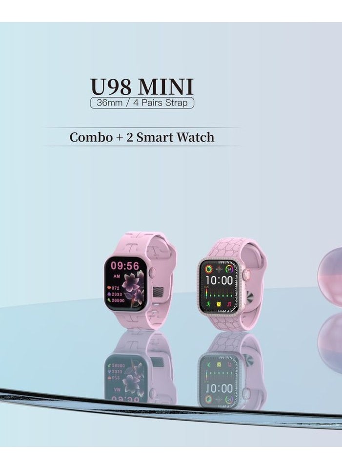 Modio U98 MINI 36mm 2 Smartwatch Combo With 4 Pair Straps and Wireless Charger For Ladies and Girls Pink