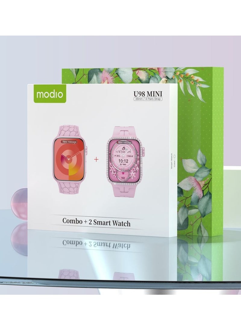 Modio U98 MINI 36mm 2 Smartwatch Combo With 4 Pair Straps and Wireless Charger For Ladies and Girls Pink