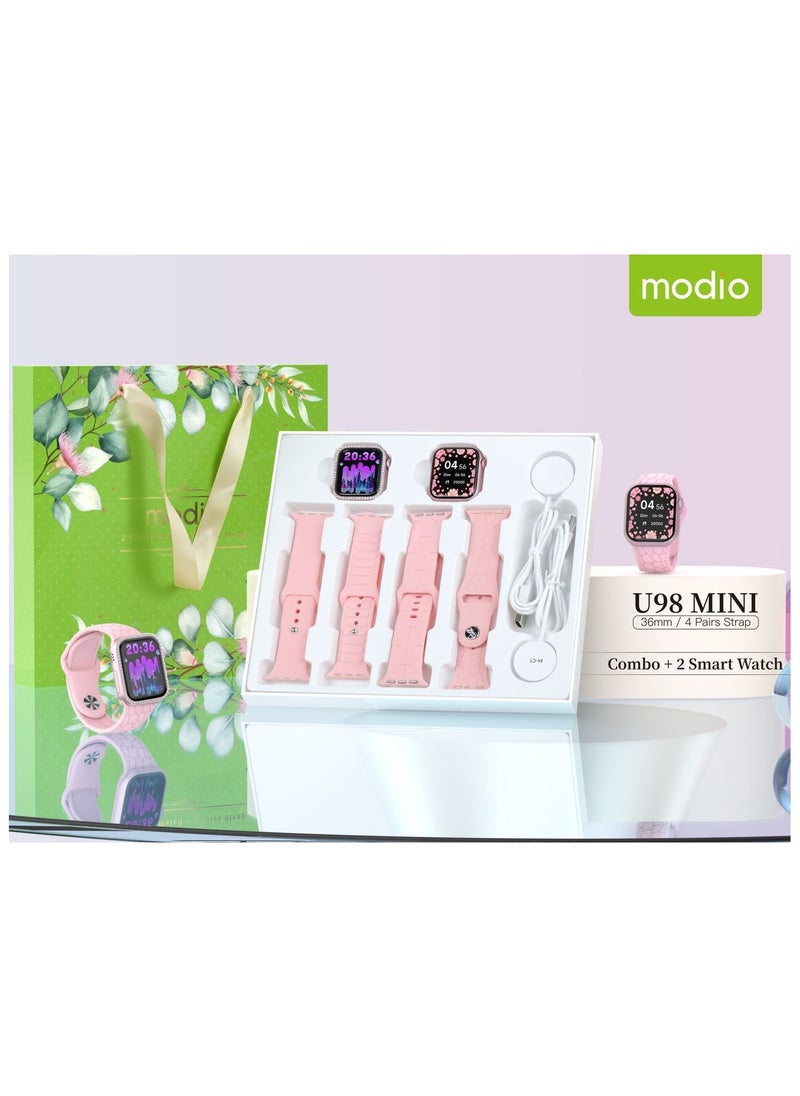 Modio U98 MINI 36mm 2 Smartwatch Combo With 4 Pair Straps and Wireless Charger For Ladies and Girls Pink