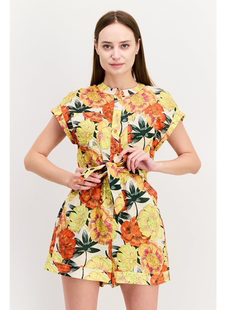 Women Floral Print Short Sleeve Jumpsuit, Yellow Combo