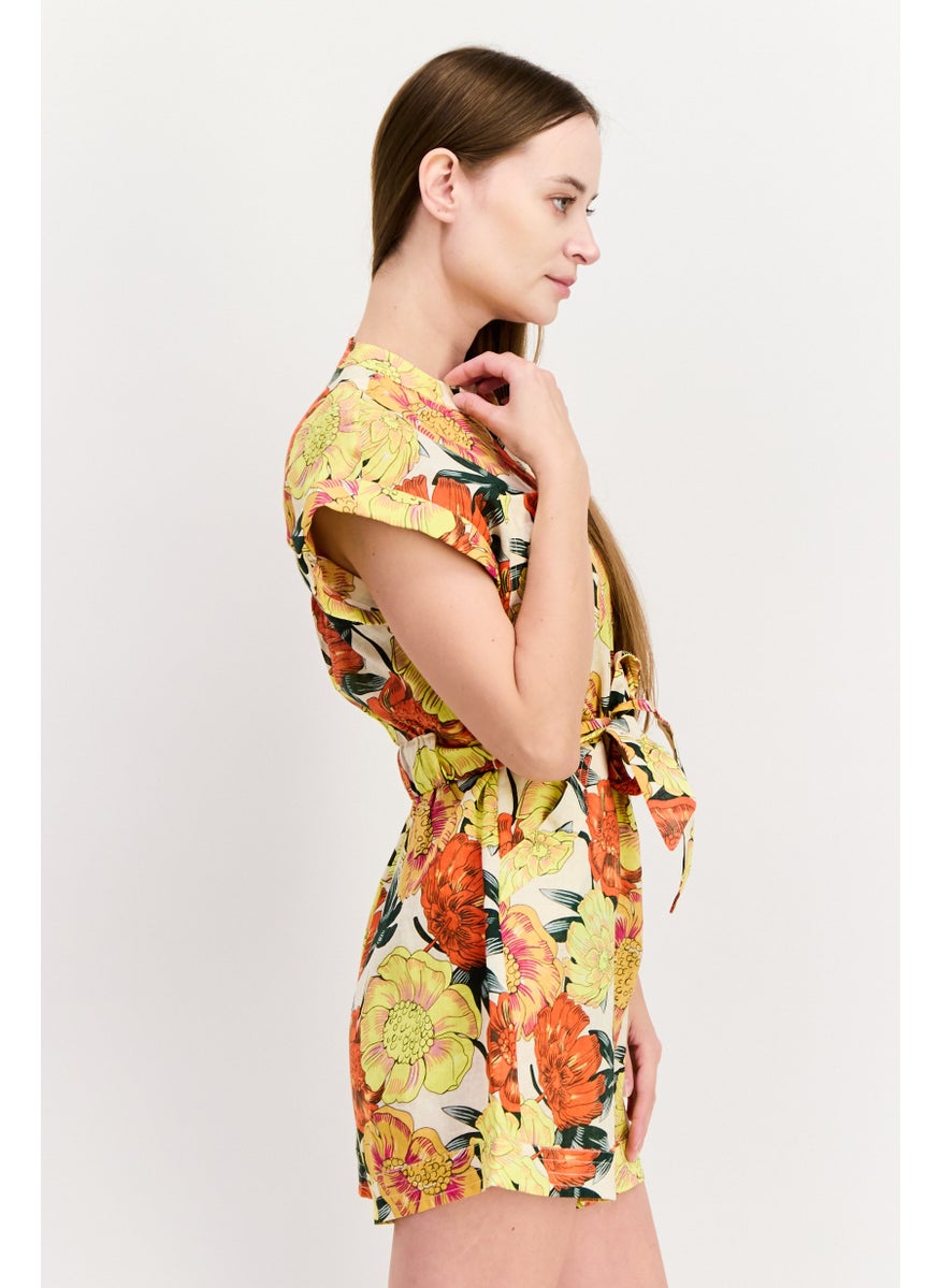 Women Floral Print Short Sleeve Jumpsuit, Yellow Combo