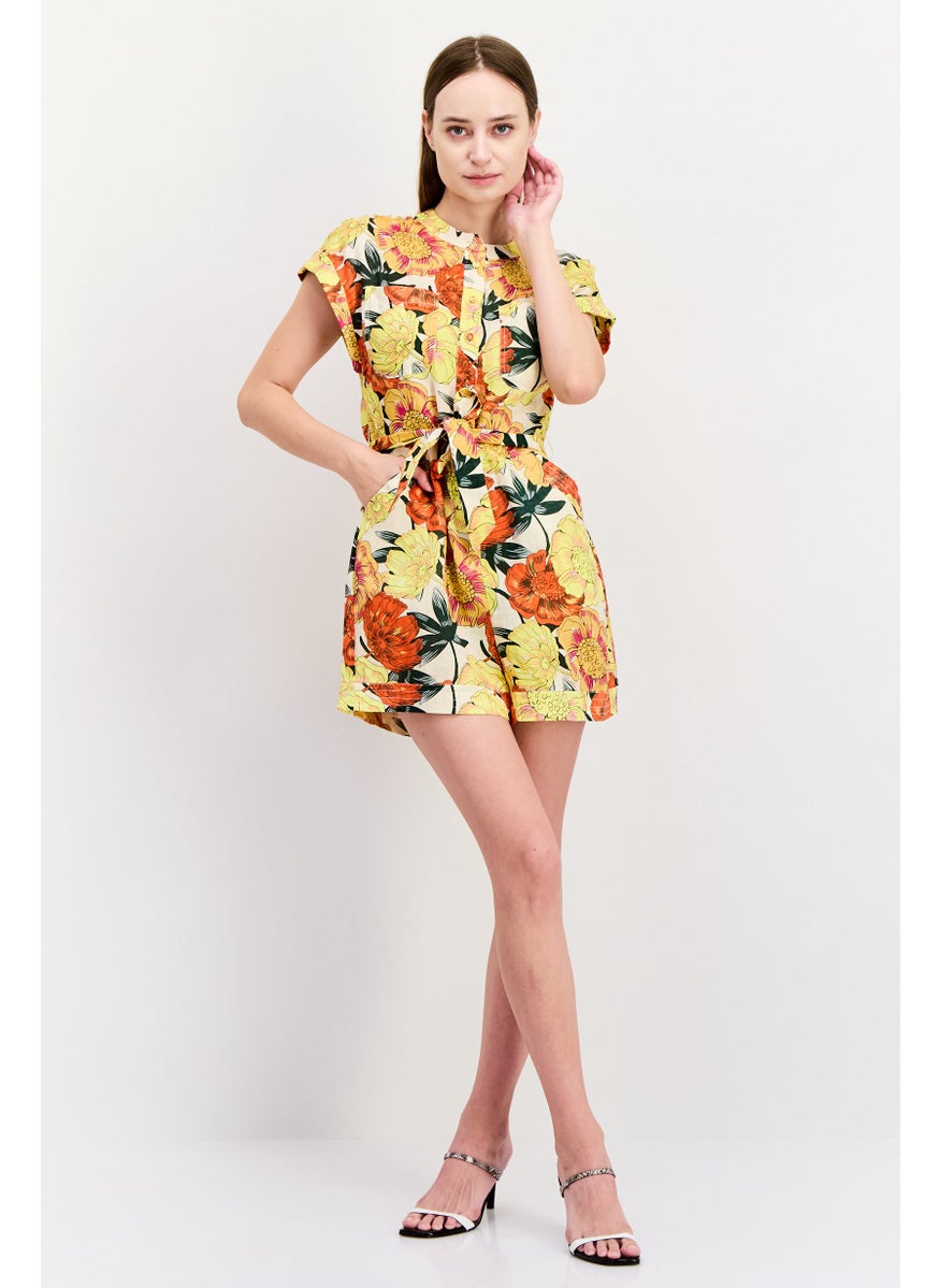 Women Floral Print Short Sleeve Jumpsuit, Yellow Combo