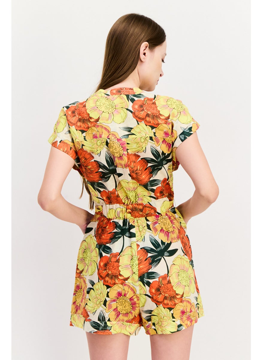 Women Floral Print Short Sleeve Jumpsuit, Yellow Combo