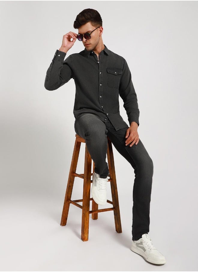 Slim Fit Grey Shirt for Men - Denim, Washed, Spread Collar, Full Sleeves, Casual Look