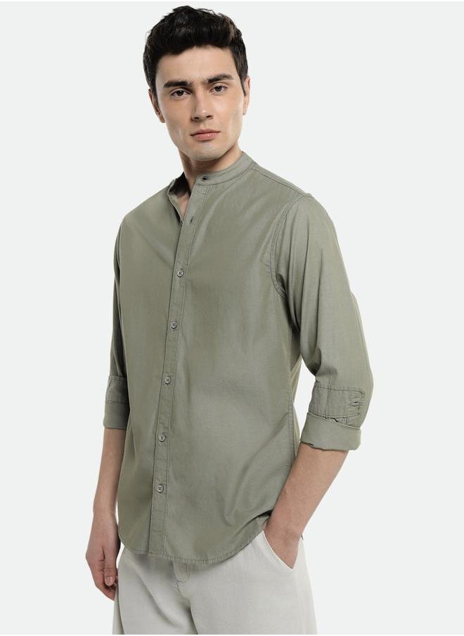 Olive Slim Fit Solid Shirt for Men - Cotton, Full Sleeves, Mandarin Collar, Casual,
