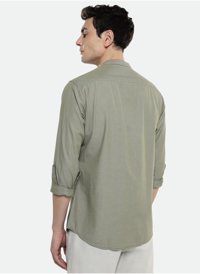 Olive Slim Fit Solid Shirt for Men - Cotton, Full Sleeves, Mandarin Collar, Casual,