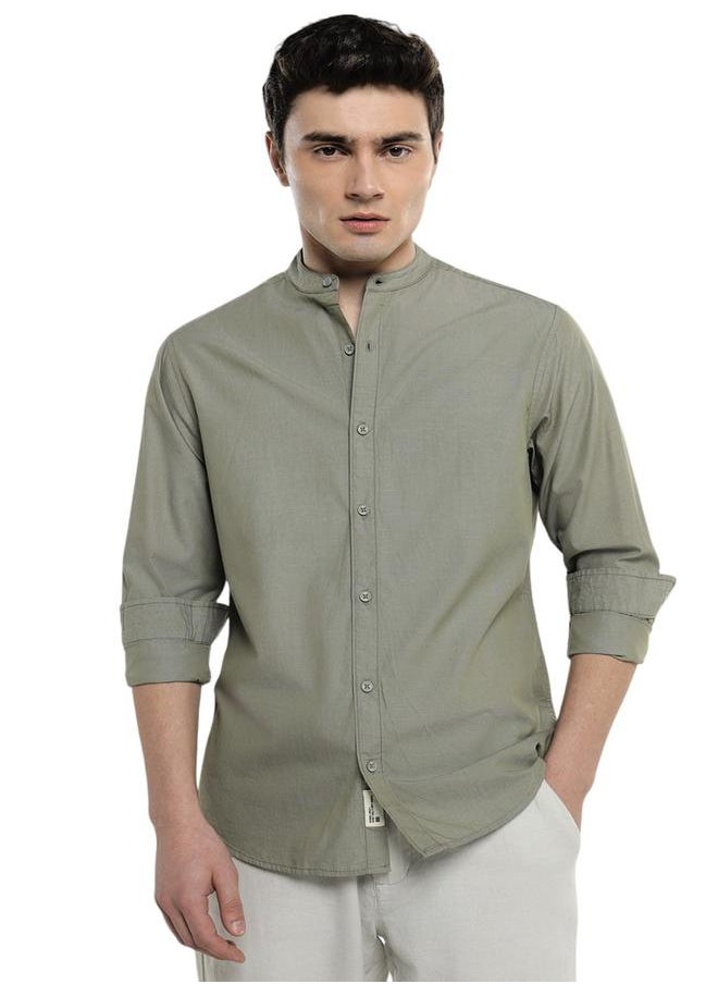 Olive Slim Fit Solid Shirt for Men - Cotton, Full Sleeves, Mandarin Collar, Casual,