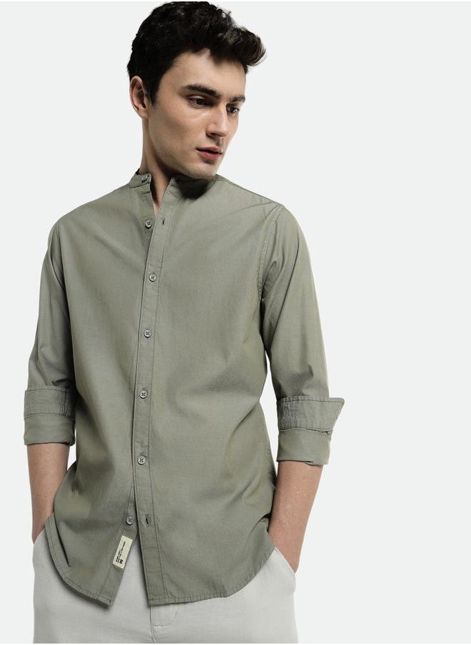 Olive Slim Fit Solid Shirt for Men - Cotton, Full Sleeves, Mandarin Collar, Casual,