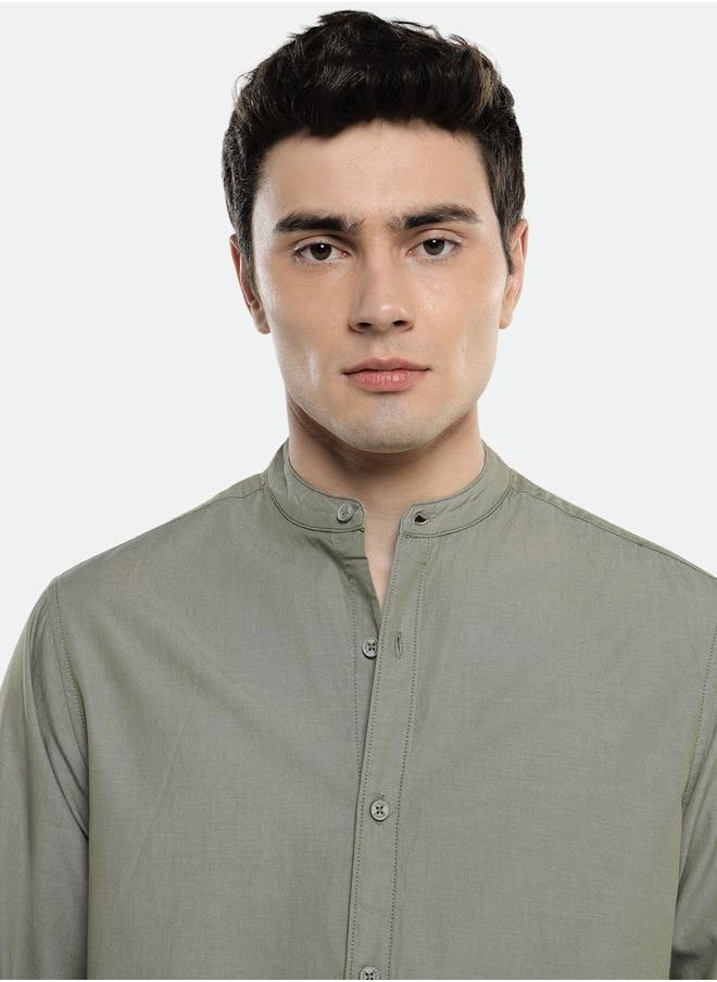 Olive Slim Fit Solid Shirt for Men - Cotton, Full Sleeves, Mandarin Collar, Casual,