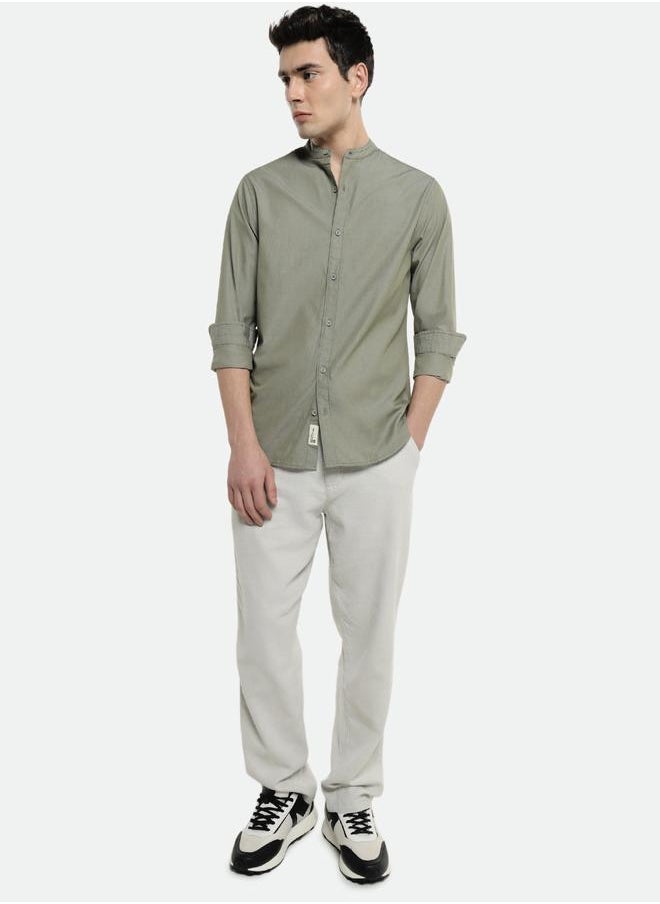 Olive Slim Fit Solid Shirt for Men - Cotton, Full Sleeves, Mandarin Collar, Casual,